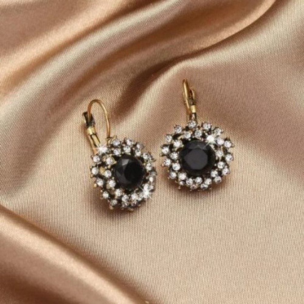 Boho Ethnic Jet Black Crystal Rhinestones Flower Drop Lever Back Earrings - NWT - Picture 6 of 12
